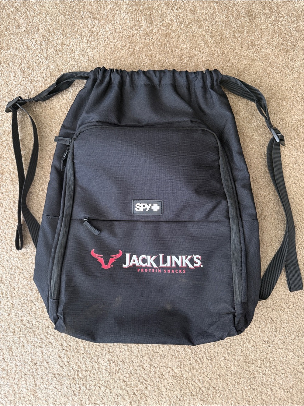 SPY Black Drawstring Backpack with Jack Link's Logo